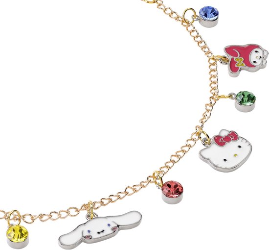 Gouden bedelarmband met Hello Kitty, My Melody, Cinnamoroll en gekleurde strass-steentjes.