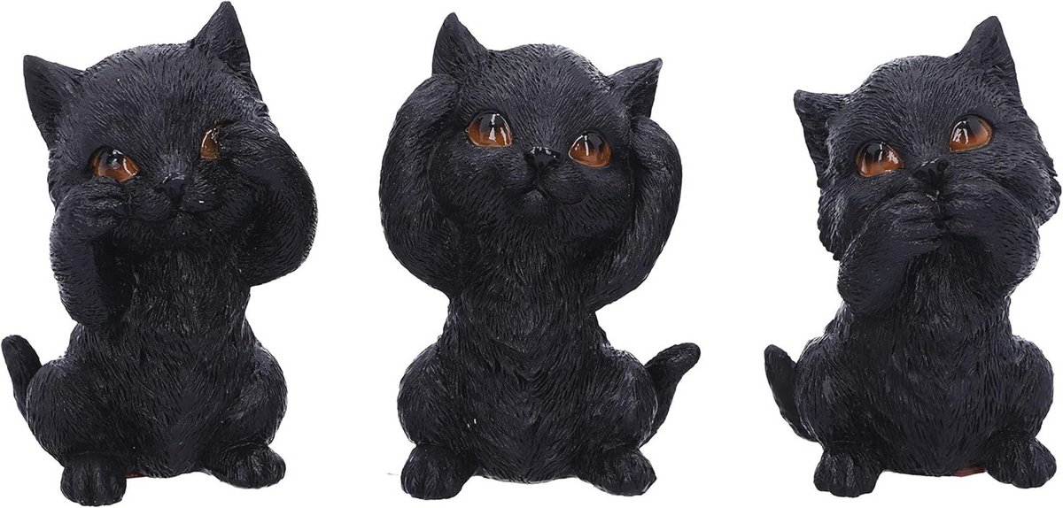 Drie Wijze Kitties Beeldje - Zien Geen Kwaad, Horen Geen Kwaad, Spreken Geen Kwaad - Zwart Katten Beeldje