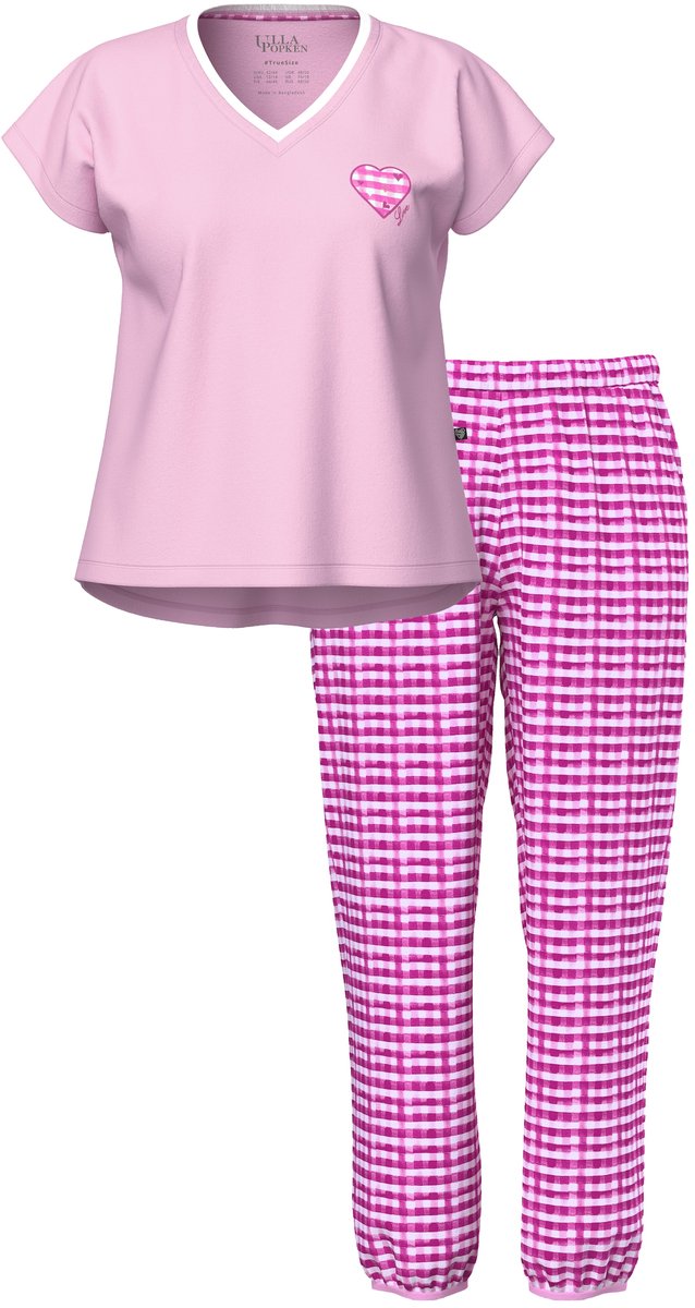 Ulla Popken Dames - Pyjama ruit V-hals korte mouwen - Roze - Maat 46+