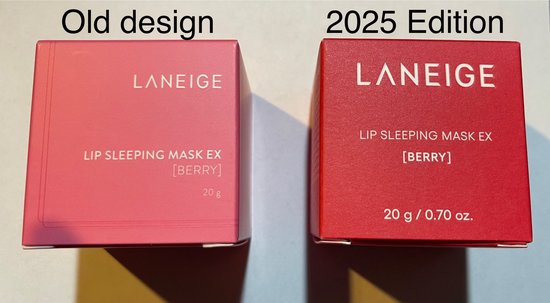 Deux boîtes LANEIGE Lip Sleeping Mask EX Berry, une rose ('Old design'), l'autre rouge ('2025 Edition').