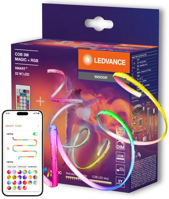 LEDVANCE SMART WIFI LED-lichtstrip inclusief afstandsbediening met MAGIC RGB-kleurcontrole, COB-technologie voor homogeen lichteffect, 22 W, 3 m lengte, voor binnentoepassingen, LED niet vervangbaar