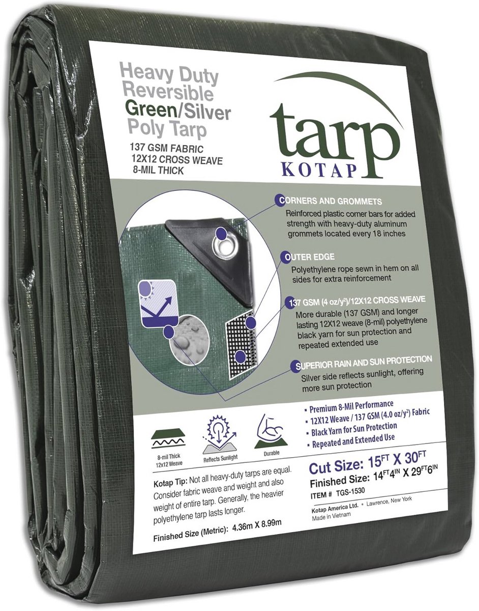 Versterkte 15x30 ft Poly Tarpaulin - Dubbelzijdig Groen/Zilver