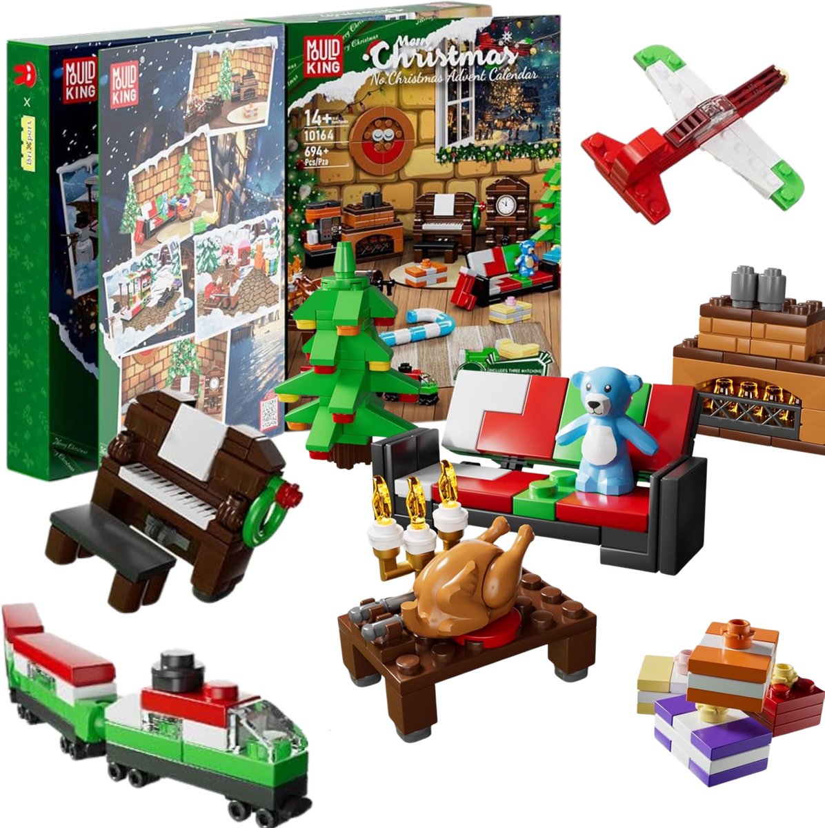 Mould King Kerst adventskalender #1 24-delig 2025 - 2026 aftelkalender bouwset | Incl. mini kerstboom / trein | Creator classic bouwpakket compatibel met lego | Educatief speelgoed voor volwassenen & kinderen | Bouwdoos met 694 bouwstenen