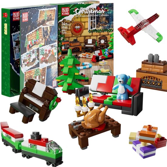 Kerst adventskalender met kerstboom, trein, open haard, bank met teddybeer, kalkoen en cadeautjes.