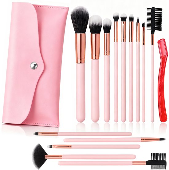 BOTC Make Up Kwasten Set - Foundation Kwast - Set van 16 stuks - Brush set - Make up Borstels - Roze