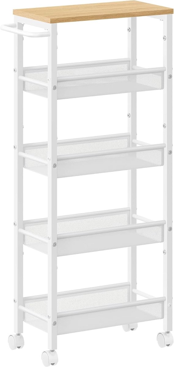 VASAGLE Keukentrolley met 5 niveaus, smalle nisplank op wielen, stalen handgreep voor kleine ruimtes, 22 x 45,4 x 99,6 cm, keuken, badkamer, woonkamer, studeerkamer, eiken wit LRC035W09