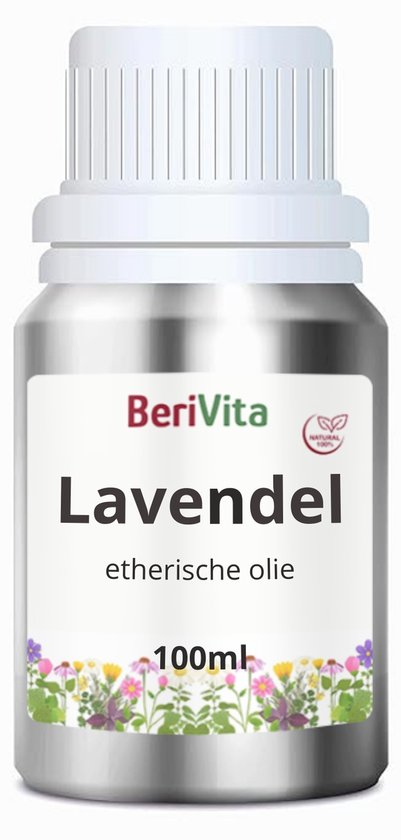Zilverkleurige fles Berivita Lavendel etherische olie 100ml met witte dop en bloemenrand.