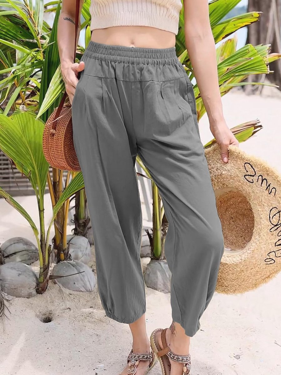 Dames 7/8 katoenen casual broek met elastische taille en zakken - Perfect voor yoga en dagelijks gebruik