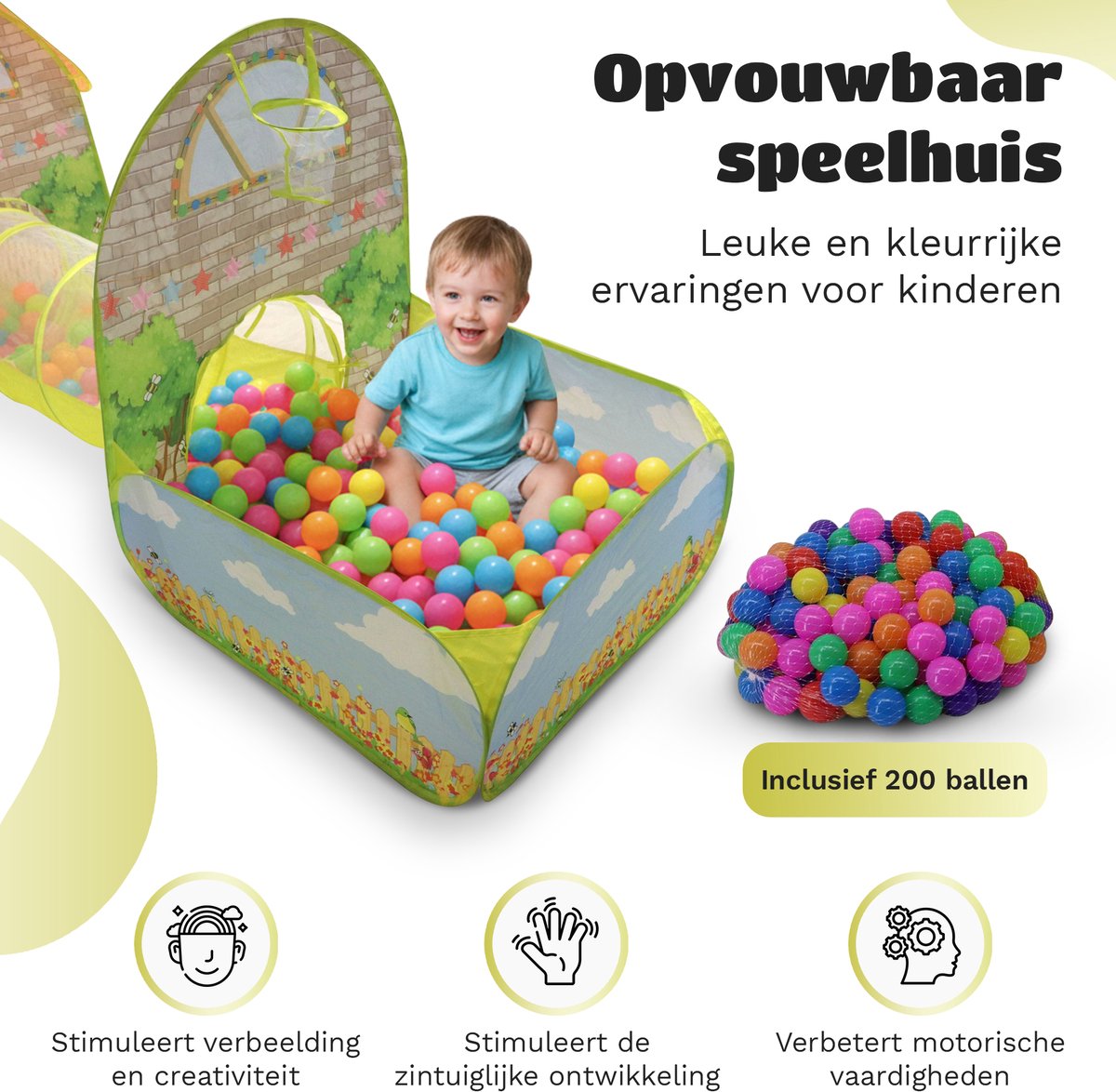 EverGoods Speeltent XL Kinderen – Speelhuis met 200 Ballen & Kruiptunnel – Pop-up – Binnen & Buiten – Opvouwbaar – Ballenbad – Incl. Draagtas & Ballenzak — afbeelding 4