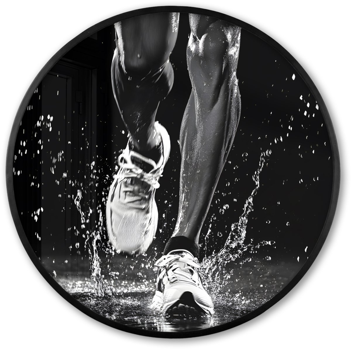 FrameYourWall Poster in lijst Rond - Fotolijst 80x80 cm - Posters - Hardloopschoenen - Rennen - Druppels - Zwart - Ronde posterlijst zwart - Decoratie - Wanddecoratie woonkamer - Muurdecoratie slaapkamer