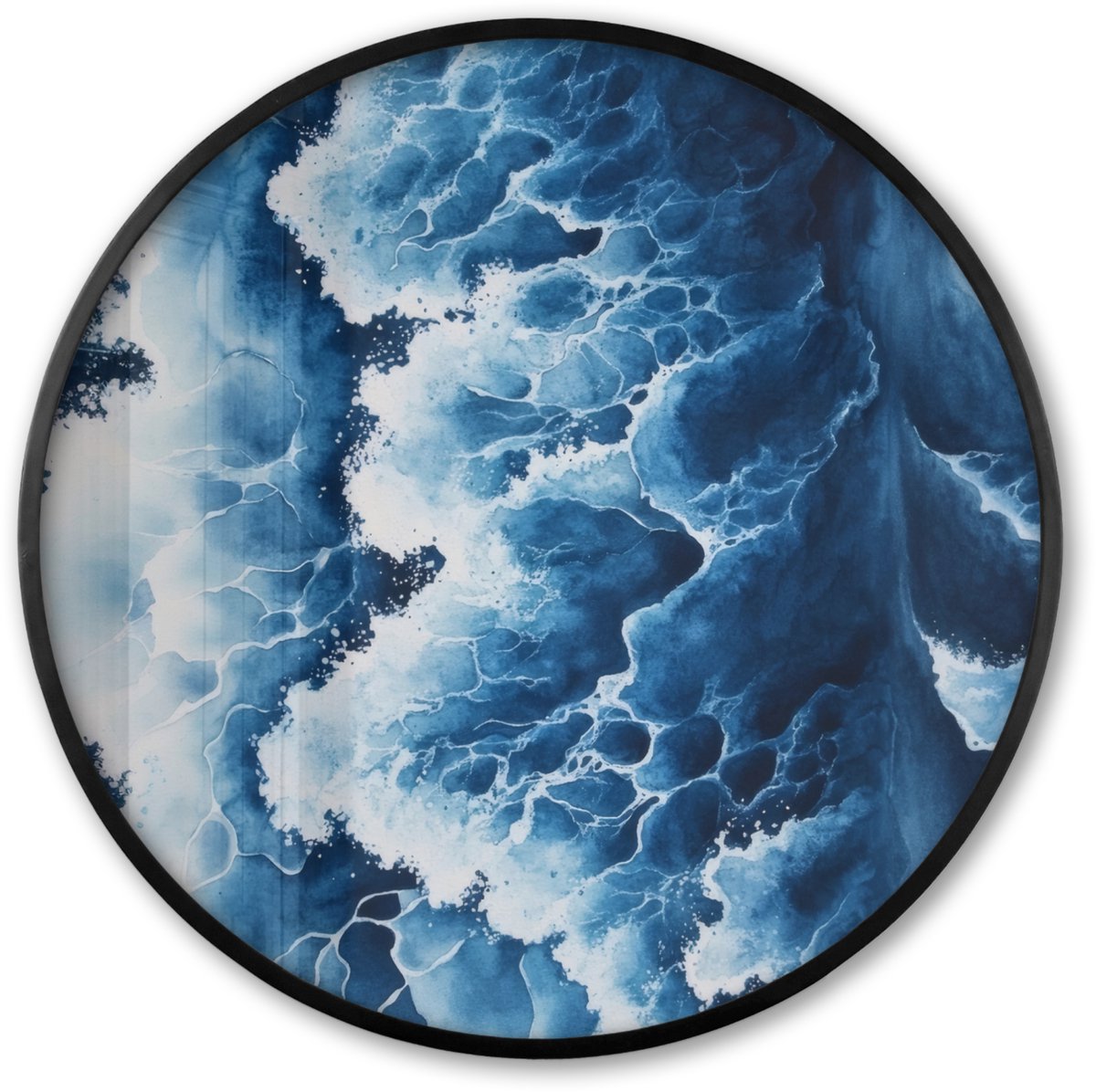 FrameYourWall Poster in lijst Rond - Fotolijst 60x60 cm - Posters - Golven - Blauw - Schuim - Ronde posterlijst zwart - Decoratie - Wanddecoratie woonkamer - Muurdecoratie slaapkamer Zee Golven