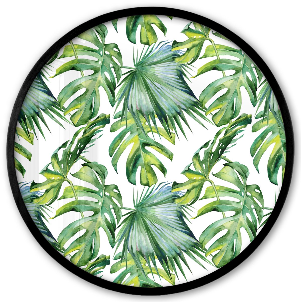 FrameYourWall Poster in lijst Rond - Fotolijst 40x40 cm - Posters - Bladeren - Monstera - Tropical - Jungle - Ronde posterlijst zwart - Decoratie - Wanddecoratie woonkamer - Muurdecoratie slaapkamer Multicolor