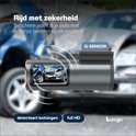 Grijze dashcam toont botsing tussen auto's op display met tekst "Rijd met zekerheid" en "G-SENSOR".