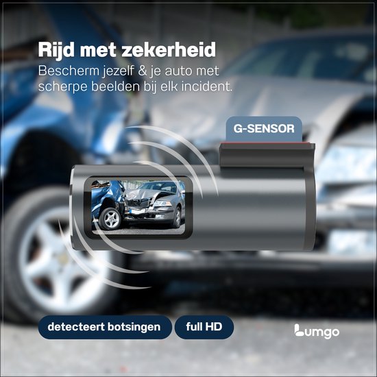 Grijze dashcam toont botsing tussen auto's op display met tekst "Rijd met zekerheid" en "G-SENSOR".