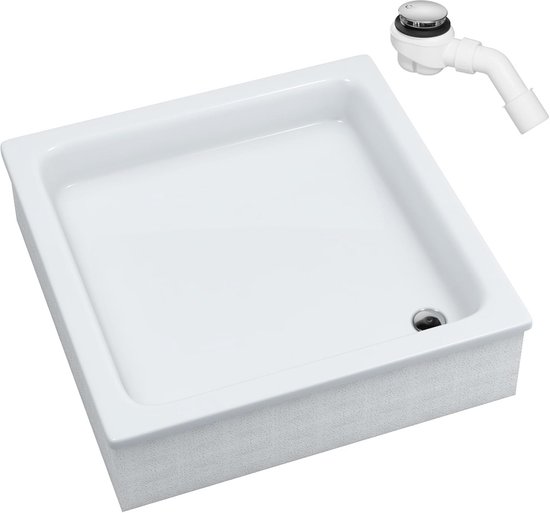 Sellon24® Douchebak met dragers, wit, stabiel, glad, piepschuimdrager, EPS douchecabine, douchebak, acryl, vierkant, R55, betegelbaar diep (90 x 90 x 41 cm