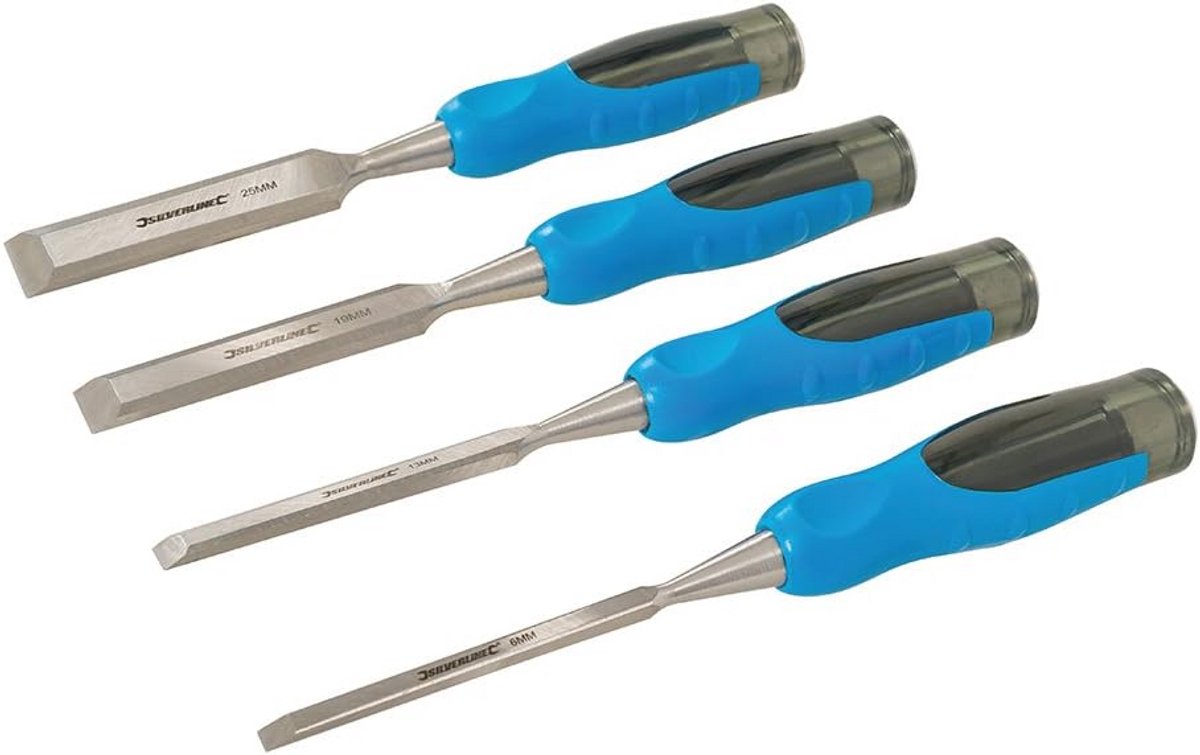 Houten Beitel Set 4 Stuks - Gehard Staal en Soft-Grip Handgrepen