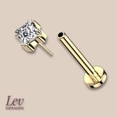 Lev Sieraden - Titanium push-pin labret piercing - 1.2x8 mm - met 4mm princess cut zirkonia - goud kleurig - steen kristal neuspiercing - tragus piercing - lippiercing - tragus piercing - Oor piercing - Helix - antie alergie nikkelvrij Piercing