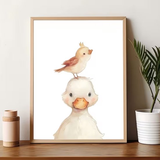 Canvas 'Eend met Musje op zijn Hoofd' - 30x40cm - Canvas Poster - Babykamer - Kinderkamer - Muur Decoratie