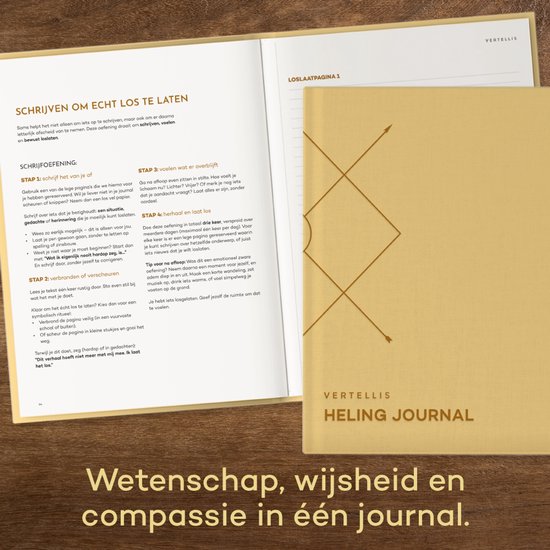 Open Vertellis Heling Journal met instructies voor schrijven en loslaten, en een pagina met een geometrisch ontwerp.