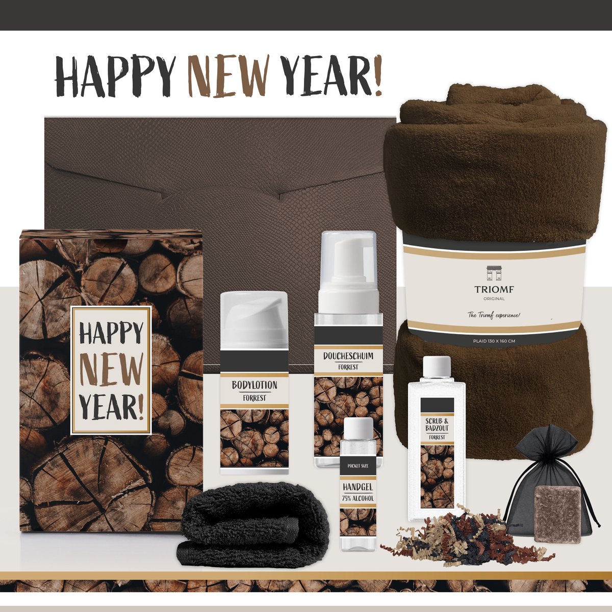 Geschenkset "Happy New Year" - 7 Producten - 1400 gram - Triomf Cosmetica | Luxe cadeauset voor hem en haar Wellness Kerstpakket Cadeau Gelukkig Nieuwjaar Jaar 2027 Eindejaarsgeschenk Pakket fijne Jaarwisseling Giftset Oud Nieuw Forrest Bruin