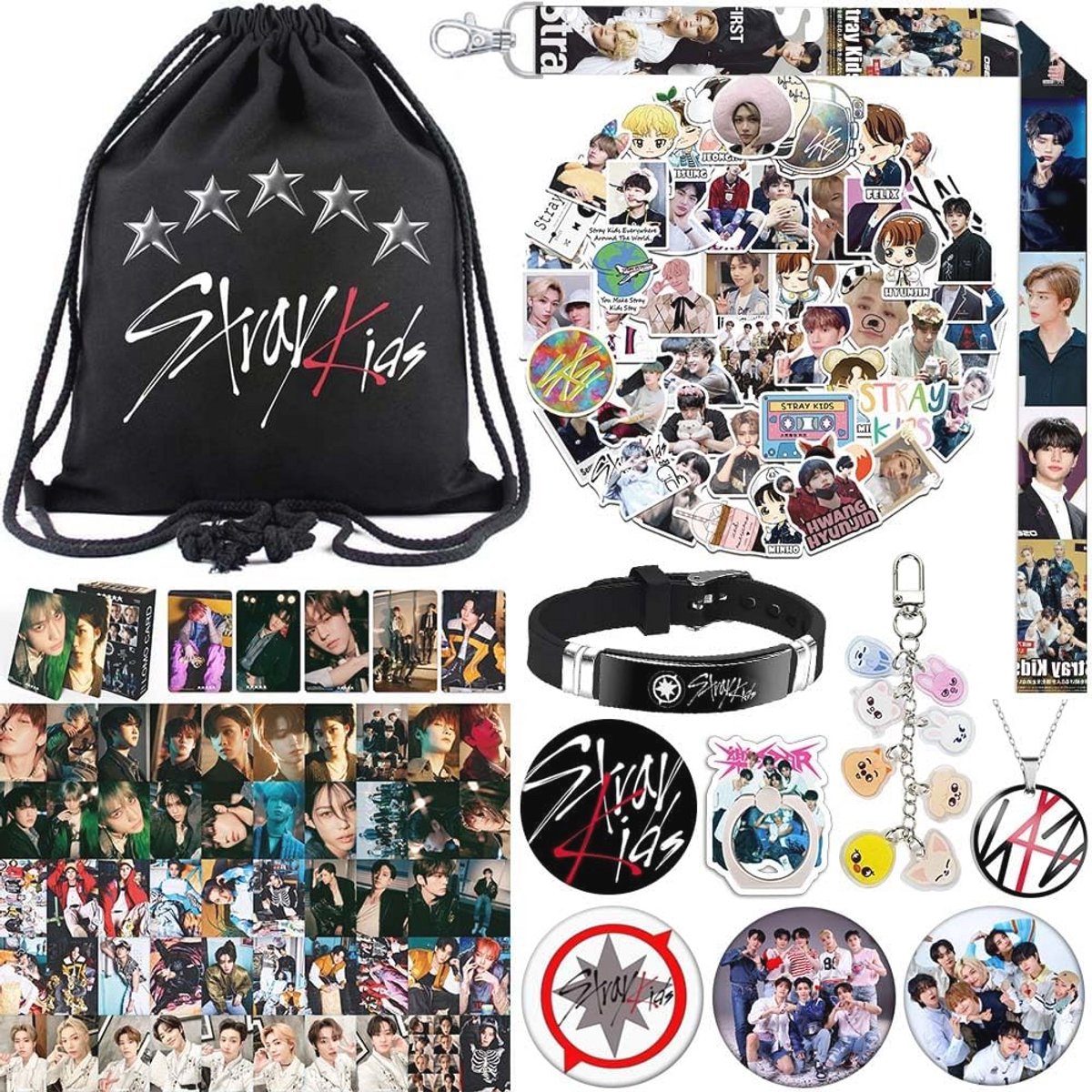 Stray Merchandise Cadeauset met Gymtas, Sleutelhanger, Telefoonring, Armband, Ketting, Broches, Stickers en Fotokaarjes