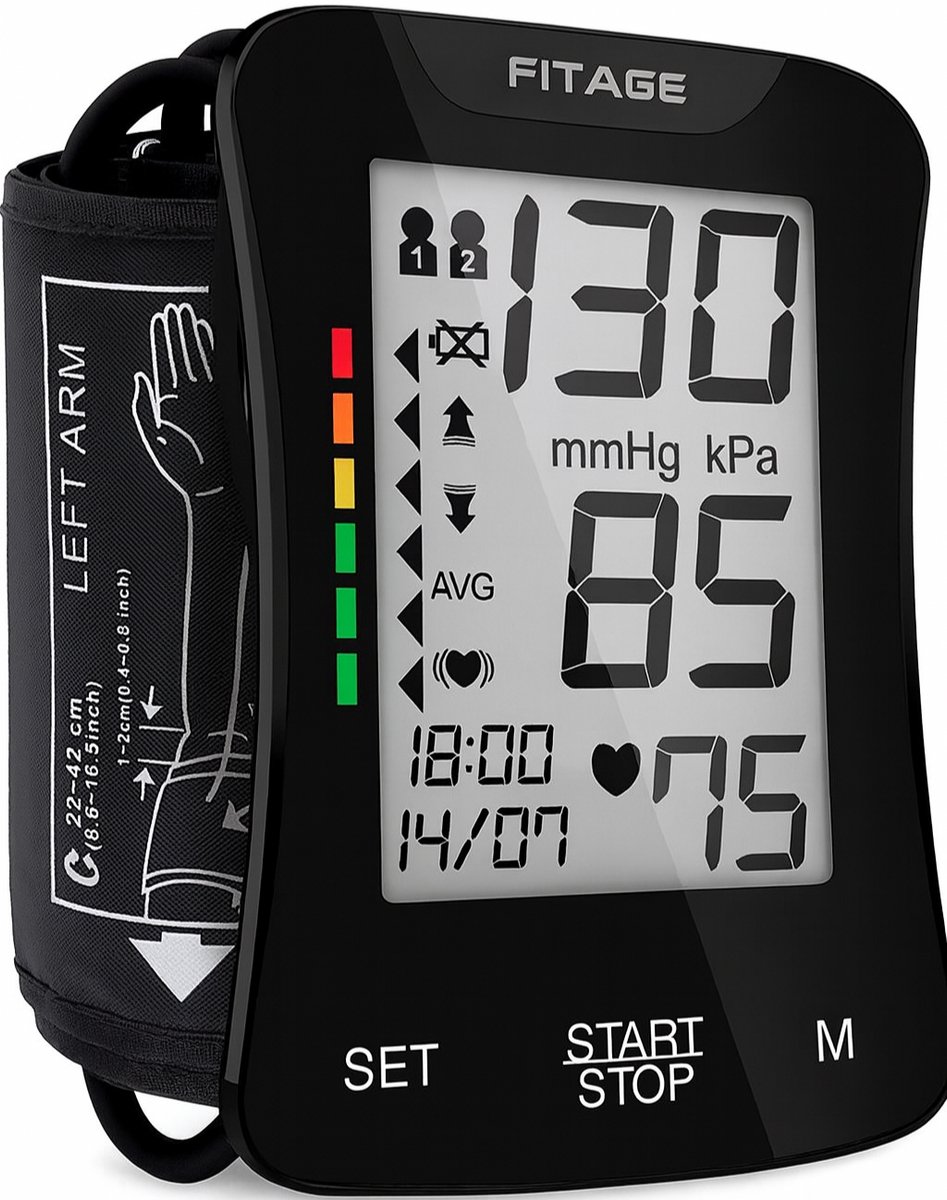 FITAGE® Bovenarm Bloeddrukmeter - Bloeddrukmeters - Hartslagmeter - Blood Pressure Monitor - Opbergtas - Omtrek manchet 22-42cm