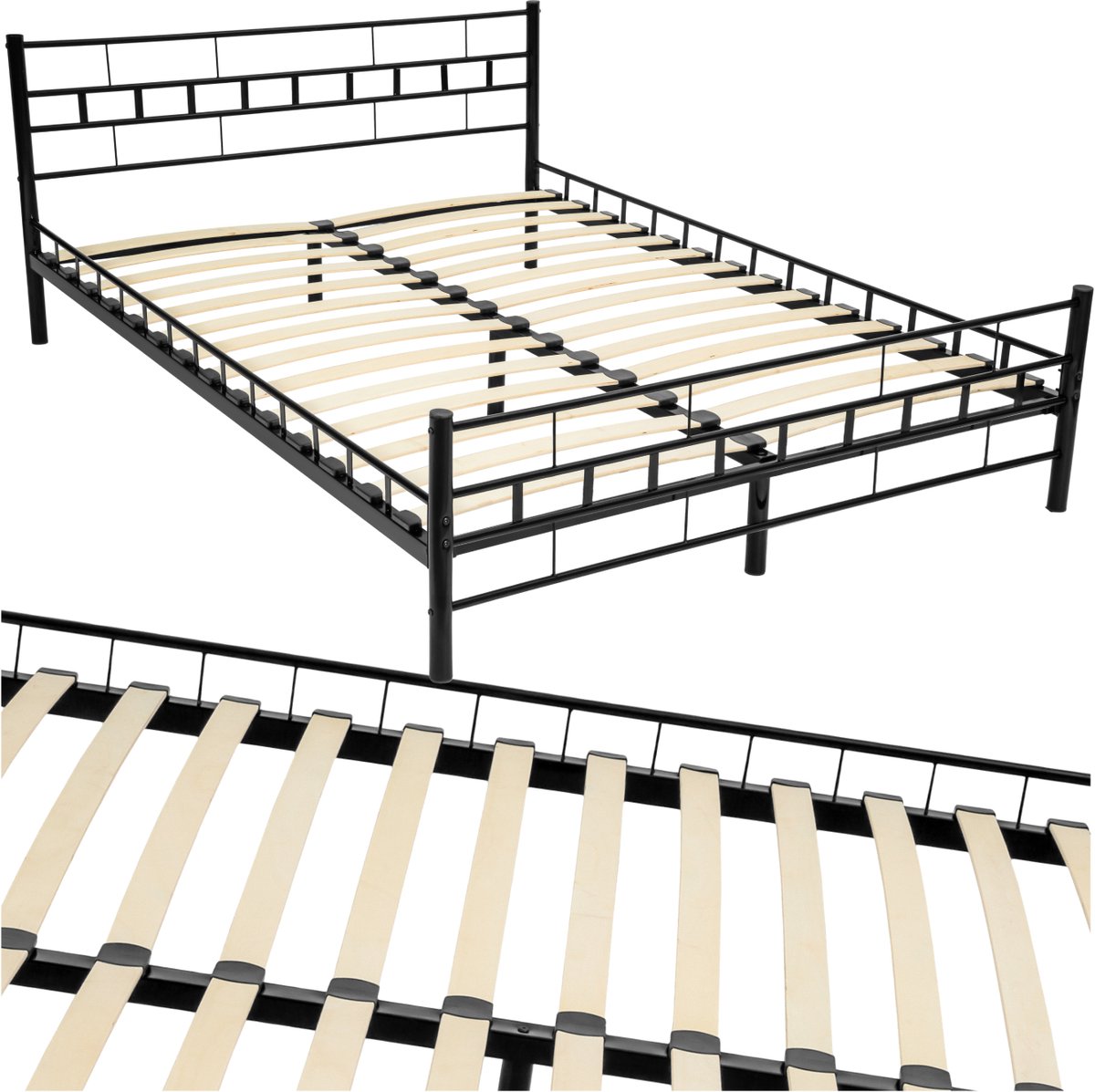 Tectake Metalen Bedframe met Lattenbodem - 140 x 200 cm - Een- of tweepersoonsbed van metaal - Twijfelaar - Bedframe voor slaapkamer en logeerkamer - Zwart - Verschillende kleuren en maten Geometrisch - Zwart