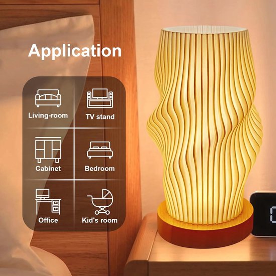 Dimbare Bedlamp met Houten Basis en 3 Kleuren - Slaapkamertafellamp met Knopbediening van Merkloos — afbeelding 5