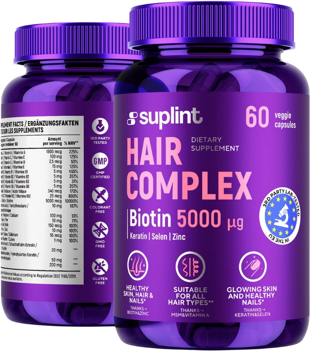 Hair Complex - Haar Vitamines - Haargroei - Biotine - Haar vitamines haaruitval - Haar groei - Haarvitamines haargroei - Bij haaruitval - Haar, huid en nagels - 60 capsules - Beauty supplement - Suplint