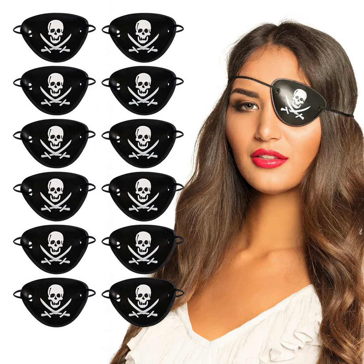 Piraten Ooglapjes – Set van 8 Stuks – Kunststof Met Elastiek – Zwart Skull Design – Verkleed Accessoire Voor Kids & Volwassenen