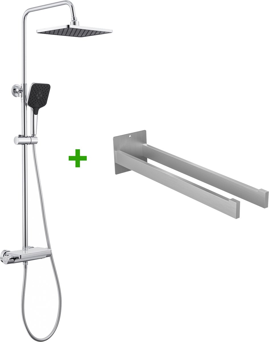Lonheo Max Regendouche met Thermostaatkraan - Doucheset - Inclusief 2-armig Handdoekhouder - Regendoucheset - Met Planchet - Verstelbare Hoogte 88-124 cm - Douchekolom - Chroom