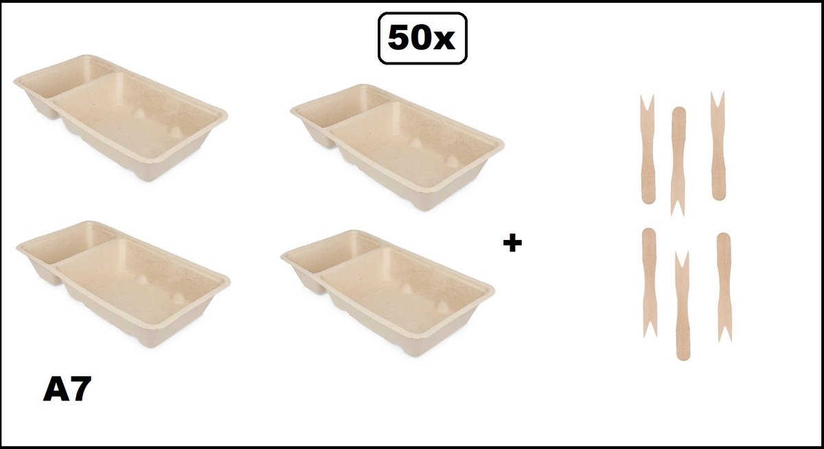 50x Bio Frietbakje A7 met sausvak + 50x Houten snackvork -Suikerriet - Friet patat frites saus friet
