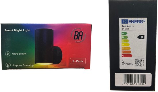 Doos van een slim nachtlampje 2-pack en een energieklasse label met de tekst Best Active BA-102, schaal A t/m G.