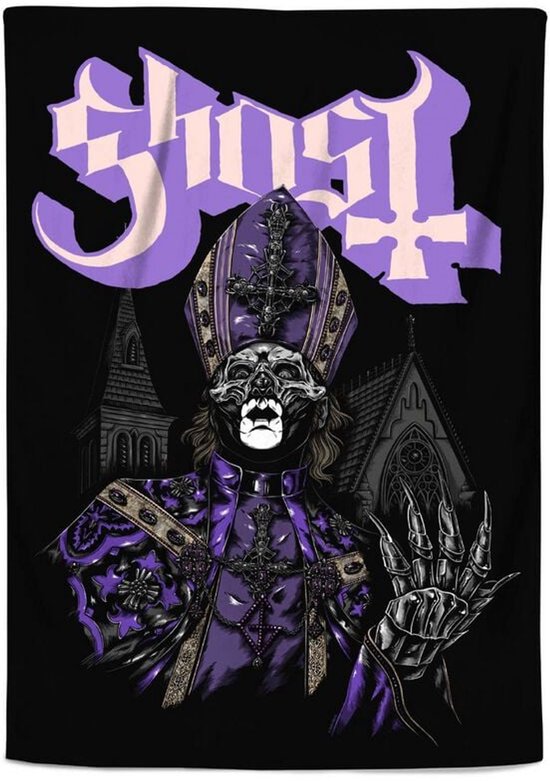 Ghost-logo met een skeletfiguur in een paarse pauselijke outfit en een kerktoren.