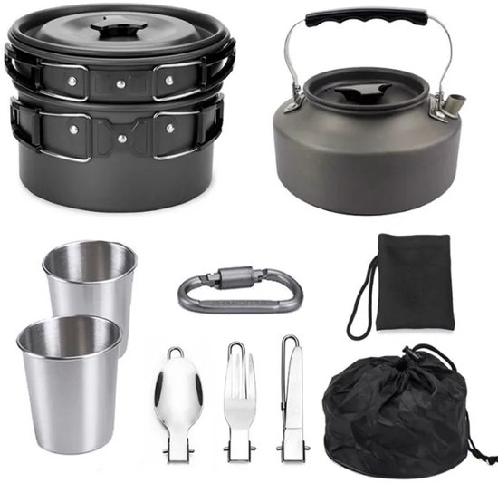 Service de cuisine de camping noir avec casseroles empilables, bouilloire, gobelets et couverts
