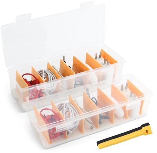 PAVSTINE Managementdoos met deksel, 7 compartimenten data netjes, plastic opbergdoos voor oplader organizer, bureaudraad netjes, transparant