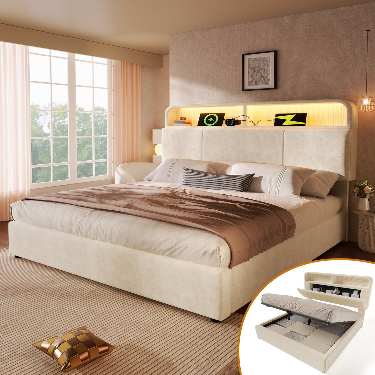 Sweiko Tweepersoonsbed - 140x200 cm - Verstelbaar hoofdeinde - LED-verlichting - USB/Type-