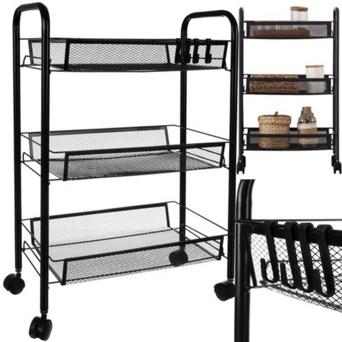 Ruhhy Keukentrolley - 25 x 44 x 65 cm - zwart - ijzer - mobiele keukenplank - met wieltjes - organizer