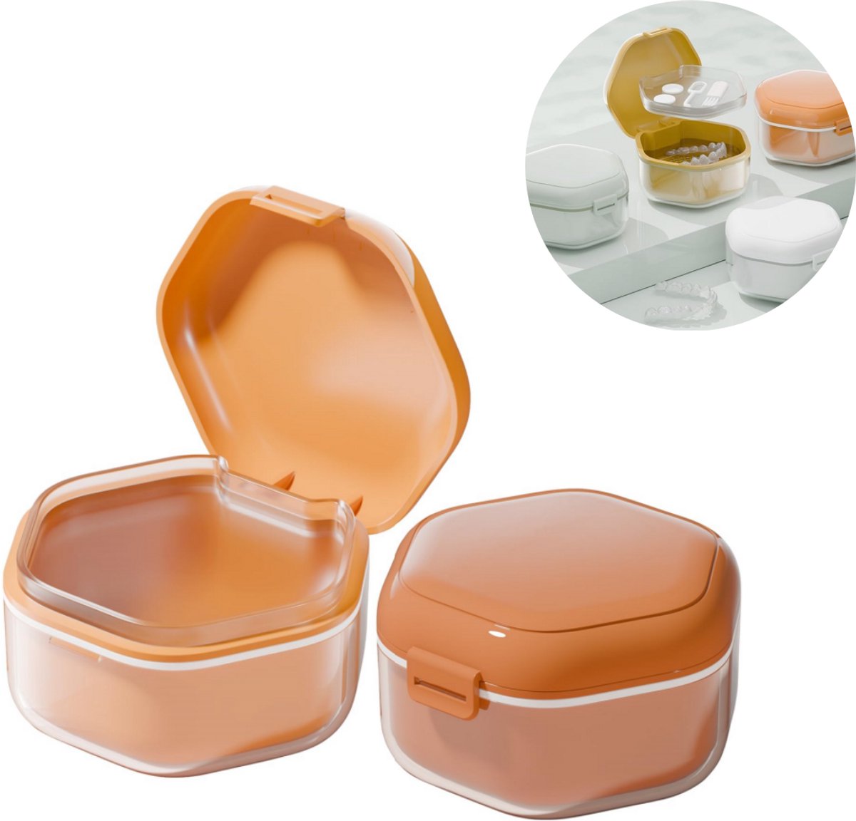 1 stuk - Gebitsbakje - Beugelbakje - Dubbellaags ontwerp - Met verwijderbaar filter - Reinigingsborstel - Geschikt voor het opbergen van beugels, kunstgebitten en valse tanden - oranje kleur
