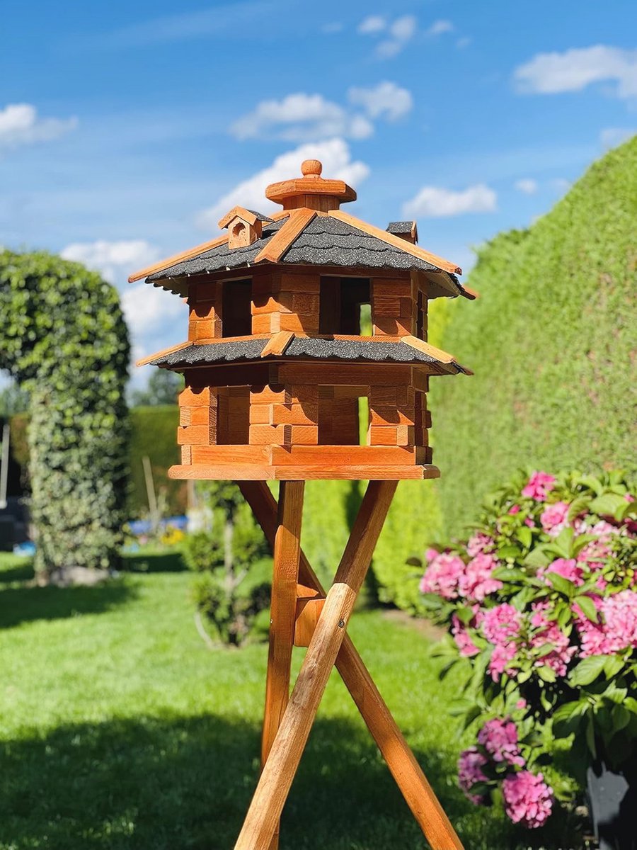 Zeshoekige Vogelvoederplaats met Voederdispenser en Dakken, Dubbel Verdieping, Houten Constructie, Maat XL