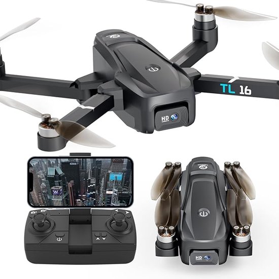 Een zwarte opvouwbare drone, opengewerkt om de borstelloze motor te tonen, met een controller en een telefoon met een stadsbeeld.