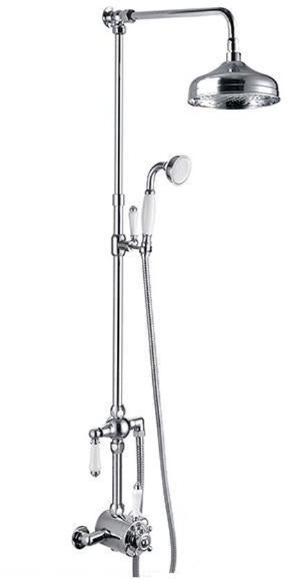Chroom douchepaneel met regendouche, handdouche en witte handgrepen, op witte achtergrond.