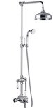 Chroom douchepaneel met regendouche, handdouche en witte handgrepen, op witte achtergrond.