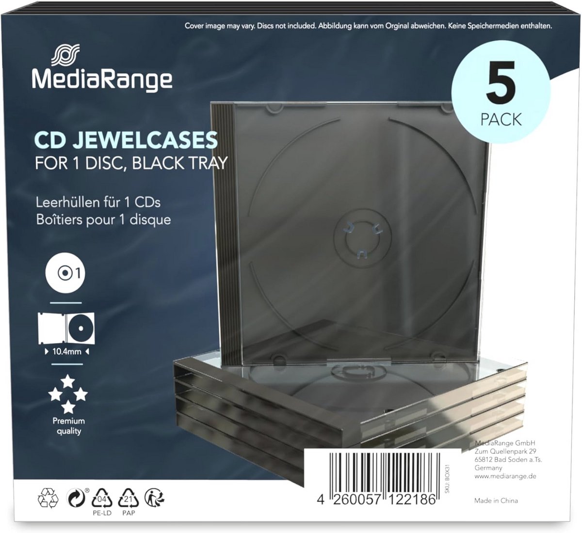 Lege CD-hoes met zwarte lade voor 1 disc - 5 stuks - 10,4 mm