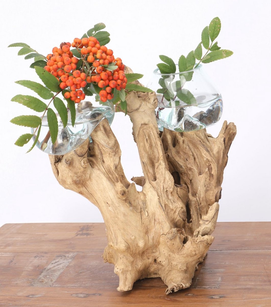 Exotische Wortel Houten Vaas met 2 Glazen – Unieke Decoratieve Vazen voor Bloemen