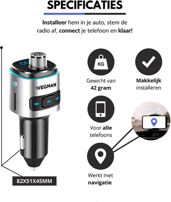 Wegman Bluetooth FM Transmitter - Autolader USB - Carkit - Bluetooth Auto Radio - SD Kaart - USB Stick