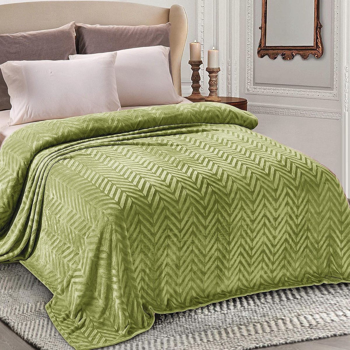 Chevron Patroon Knuffeldeken 220 x 240 cm - Warme Fleecedeken in Olijfgroen