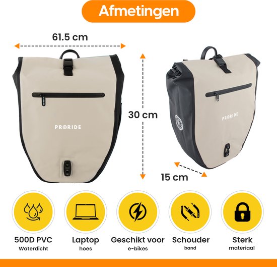 Enkele Fietstas Proride - 100% Waterdicht - 28 Liter - Pakaftas Elektrische Fietsen - Schoudertas - Inclusief Schouderband en Laptophoes - Bagagedrager - Reflector - Magnetische sluiting - Beige van Merkloos — afbeelding 3
