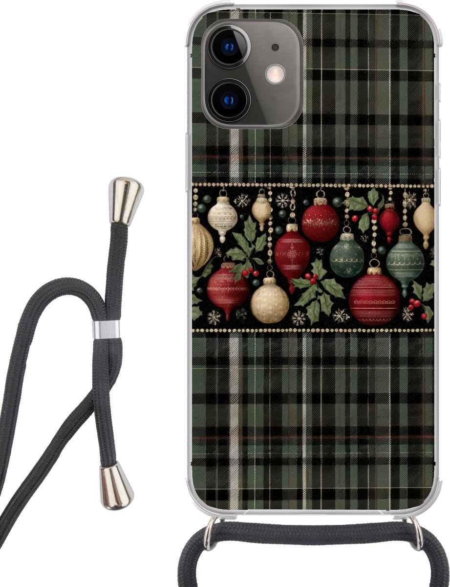 Telefoonhoesje Geschikt voor iPhone 11 - Kerstballen - Rood - Hulsttakken - Patroon - Siliconen - Crossbody - Backcover met Koord - Telefoonhoesje met koord - Hoesje met touw Telefoonhoesje