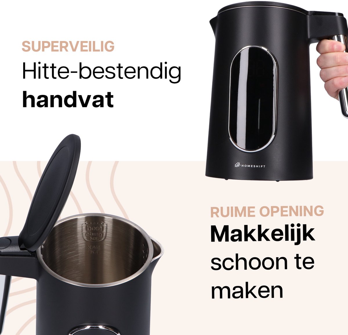HomeShift® Waterkoker met Temperatuurregeling - Warmhoudfunctie - Dubbelwandig - Elektrisch - 1,7 Liter - 2200W - Zwart – foto 4